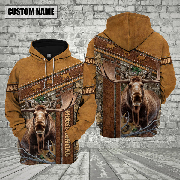 Maxcorners Moose Hunting Leather Pattern Custom Name Shirt 3D All Over Printed Clothes