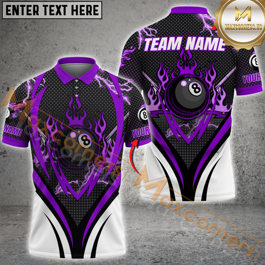 Maxcorners Billiard 8 Ball Fire Thunder Pattern Multicolor Options Personalized Name, Team Name 3D Polo Shirt (4 Colors)