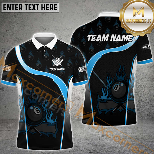 Maxcorners Billiard Flame 8 Ball Jersey Pattern Multicolor Options Personalized Name, Team Name 3D Polo Shirt (4 Colors)