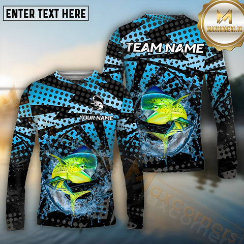 Maxcorners Mahi-Mahi Fishing Blue Splash Polka Pattern Pattern Sport Jersey Personalized Name, Team Name Long Sleeve Shirt