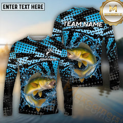 Maxcorners Walleye Fishing Blue Splash Polka Pattern Pattern Sport Jersey Personalized Name, Team Name Long Sleeve Shirt