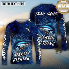 Maxcorners Marlin Fishing Blue Strike Honeycomb Pattern Pattern Sport Jersey Personalized Name, Team Name Long Sleeve Shirt