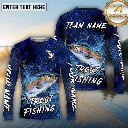 Maxcorners Trout Fishing Blue Strike Honeycomb Pattern Pattern Sport Jersey Personalized Name, Team Name Long Sleeve Shirt