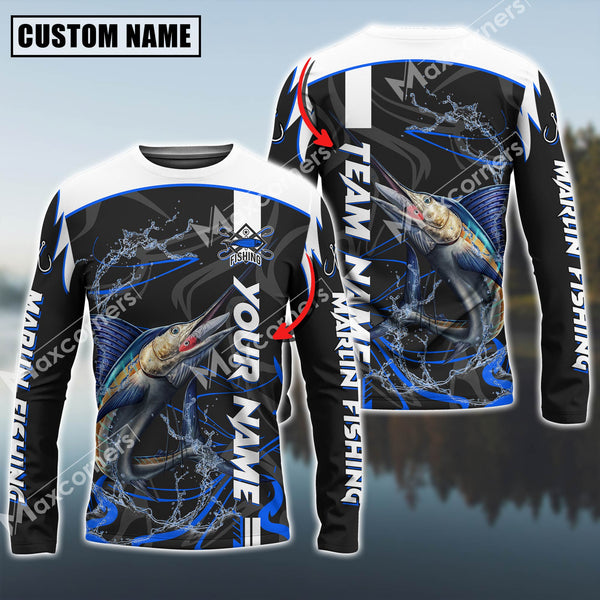 Maxcorner Marlin Fishing With Bait Blue Jersey Sport  Sun Protection Personalized Name And Team Name Long Sweat Shirt