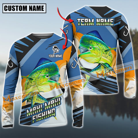 Maxcorners Mahi-Mahi Fishing Blue Orange Jersey Sport Pattern Sun Protection Personalized Name Team Name 3D Shirts