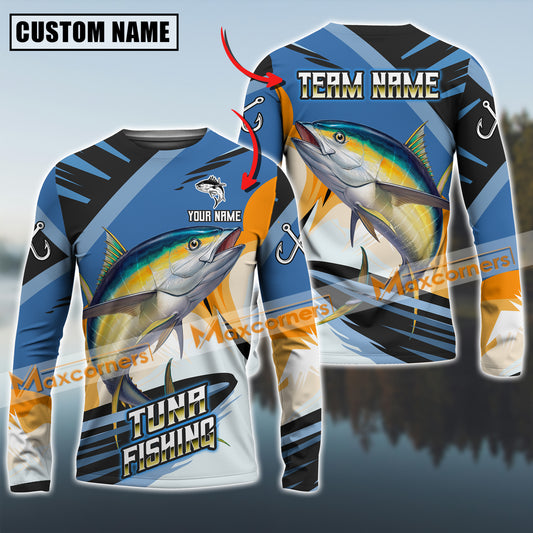 Maxcorners Tuna Fishing Blue Orange Jersey Sport Pattern Sun Protection Personalized Name Team Name 3D Shirts