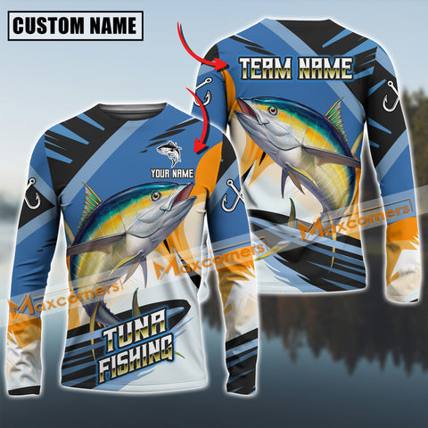 Maxcorners Tuna Fishing Blue Orange Jersey Sport Pattern Sun Protection Personalized Name Team Name 3D Shirts