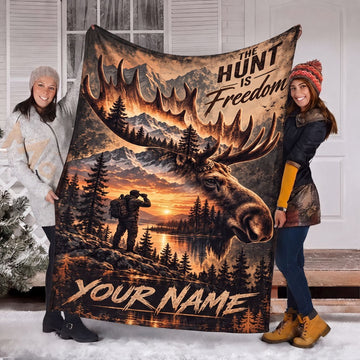 Maxcorners Moose Hunting Bull Moose Antler Double Exposure Hunter Sunset Lake The Hunt Is Freedom Personalized Name 3D Blanket