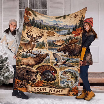 Maxcorners Wildlife Hunting Collage Elk Buck Moose Wild Boar Turkey Bass Lakeshore Map Personalized Name 3D Blanket