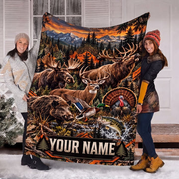 Maxcorners Great Outdoors Hunting Elk Moose Buck Boar Duck Bass Mountain Forest Camo Personalized Name 3D Blanket