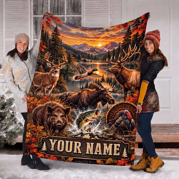 Maxcorners Autumn Wildlife Hunting Buck Elk Moose Boar Flying Duck Bass Splashing Lake Sunset Personalized Name 3D Blanket