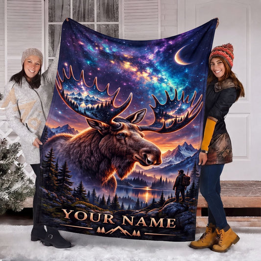 Maxcorners Majestic Bull Moose Galaxy Night Sky Crescent Moon Mountain Hunter Silhouette Personalized Name 3D Blanket