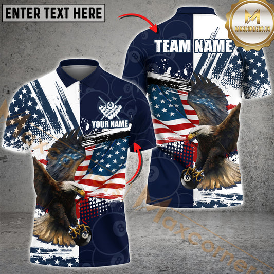 Maxcorners Billiard Eagle American Flag Firework Pattern 8 Ball Multicolor Options Personalized Name, Team Name 3D Polo Shirt (4 Colors)