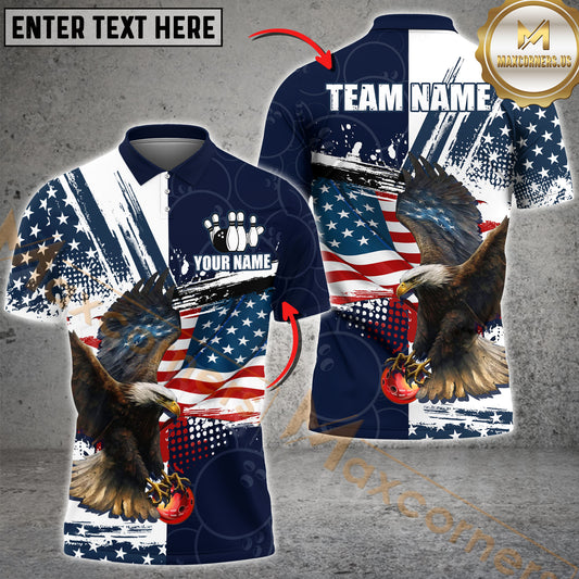 Maxcorners Bowling Ball And Pins Eagle American Flag Firework Pattern Multicolor Options Personalized Name, Team Name 3D Polo Shirt (4 Colors)