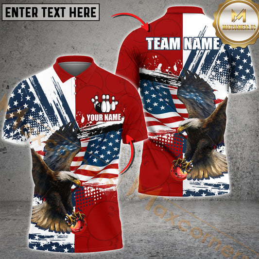 Maxcorners Bowling Ball And Pins Eagle American Flag Firework Pattern Multicolor Options Personalized Name, Team Name 3D Polo Shirt (4 Colors)