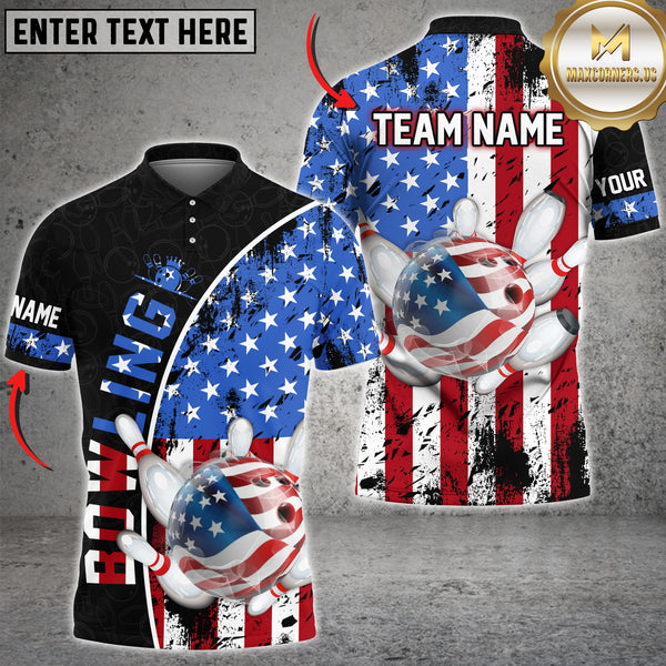 Maxcorners Patriotic American Flag Bowling Ball & Pins Jersey Personalized Name, Team Name 3D Shirt