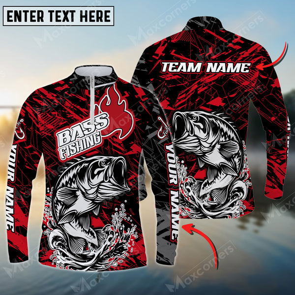 Maxcorners Bass Fishing Red Pattern Personalized Name Long Sleeve Quarter Zip Jersey Shirt