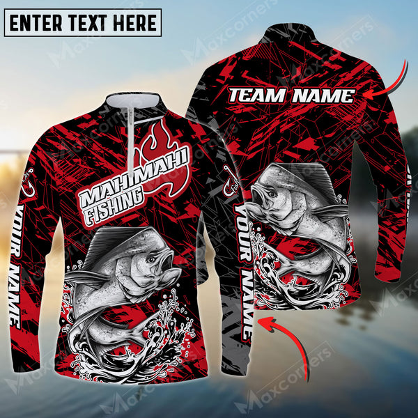 Maxcorners Mahi Mahi Fishing Red Pattern Personalized Name Long Sleeve Quarter Zip Jersey Shirt