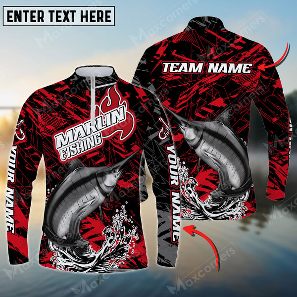 Maxcorners Marlin Fishing Red Pattern Personalized Name Long Sleeve Quarter Zip Jersey Shirt