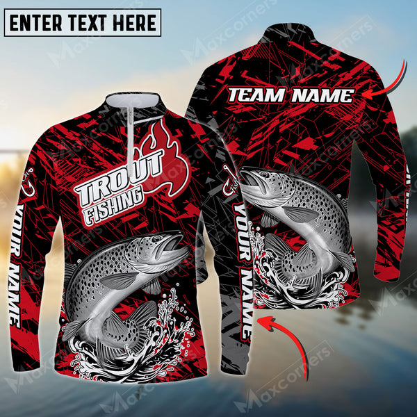 Maxcorners Trout Fishing Red Pattern Personalized Name Long Sleeve Quarter Zip Jersey Shirt