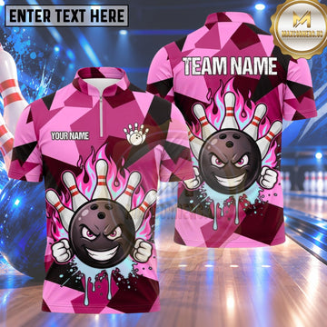 Maxcorners Bowling Aggressive Bowling Ball Character Clenched Fists Crashing Pins Flame Aura Abstract Camo Background Multi Options Personalized Name, Team Name Unisex 3D Shirt (4 Colors)