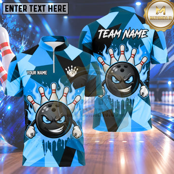 Maxcorners Bowling Angry Flaming Bowling Ball Character Crashing Pins Geometric Camo Background Multi Options Personalized Name, Team Name Unisex 3D Shirt (4 Colors)
