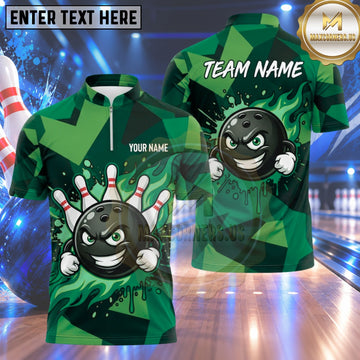 Maxcorners Bowling Expressive Grinning Bowling Ball Character Liquid Splatter Paint Trail Crashing Pins Polygon Background Multi Options Personalized Name, Team Name Unisex 3D Shirt (4 Colors)