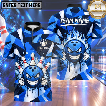 Maxcorners Bowling Fierce Smirking Bowling Ball Character Clenched Fists Flame Aura Crashing Pins Polygon Camouflage Multi Options Personalized Name, Team Name Unisex 3D Shirt (4 Colors)