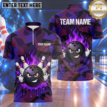 Maxcorners Bowling Attitude Bowling Ball Character Double Middle Finger Gesture Flame Trail Crashing Pins Geometric Camo Multi Options Personalized Name, Team Name Unisex 3D Shirt (4 Colors)