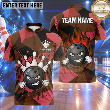 Maxcorners Bowling Grinning Bowling Ball Character Clenched Fists Liquid Dripping Paint Splatter Crashing Pins Camo Pattern Multi Options Personalized Name, Team Name Unisex 3D Shirt (4 Colors)