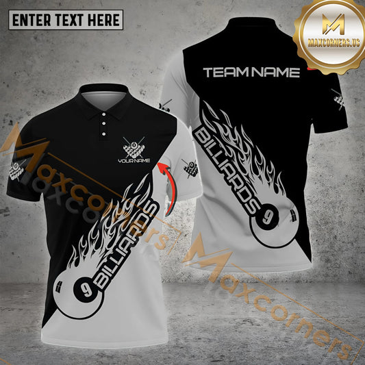Maxcorners Ball 9 Flame Style Billiard Jersey Multicolor Options Personalized Name, Team Name 3D Polo Shirt (4 Colors)