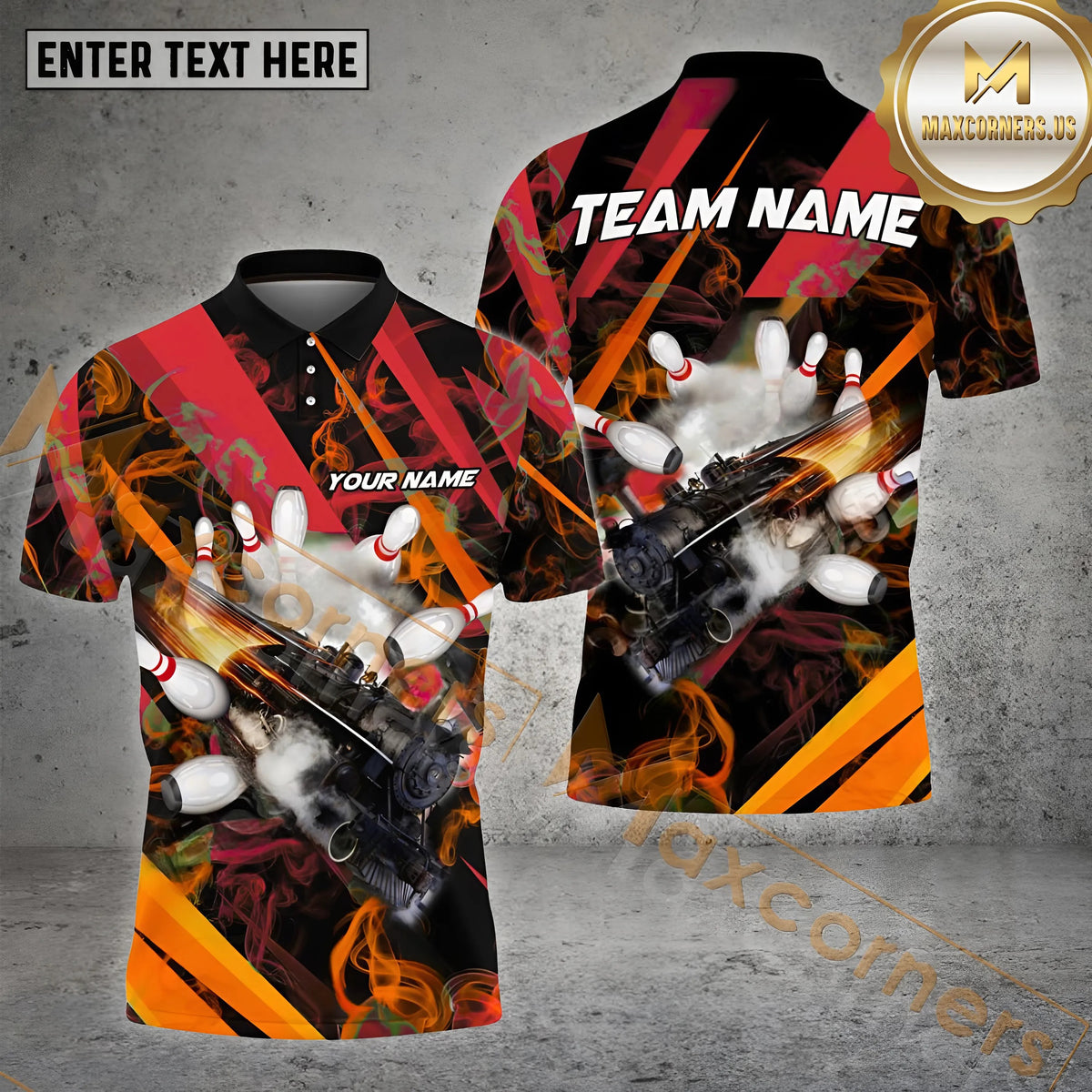 Maxcorners Bowling Ball & Pins Train Busting Through Pattern Personalized Name, Team Name 3D Polo Shirt (4 Colors)