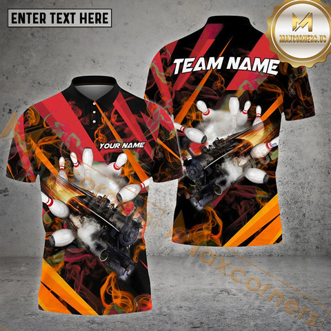 Maxcorners Bowling Ball & Pins Train Busting Through Pattern Personalized Name, Team Name 3D Polo Shirt (4 Colors)