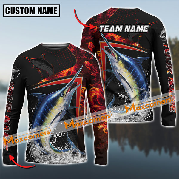 Maxcorners Marlin Fishing Red Flame Sport Jersey Personalized Name, Team Name Long Sleeve Shirt