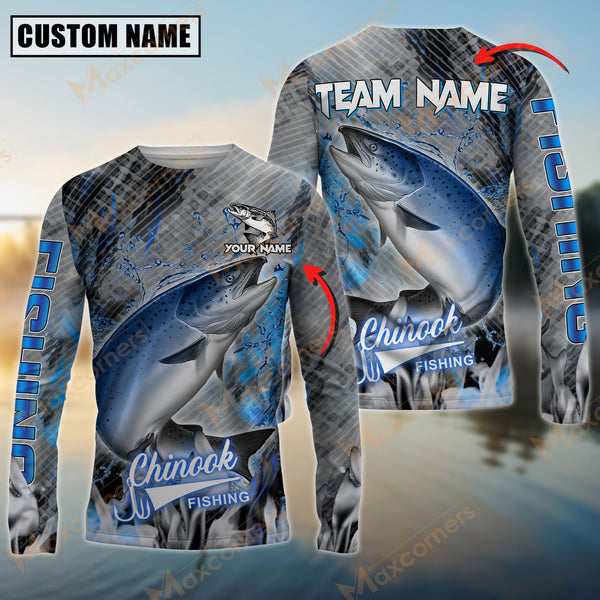 Maxcorner Chinook Fishing Blue Smoke Pattern Personalized 3D Long Sleeve Shirt