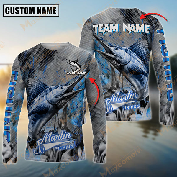 Maxcorner Marlin Fishing Blue Smoke Pattern Personalized 3D Long Sleeve Shirt