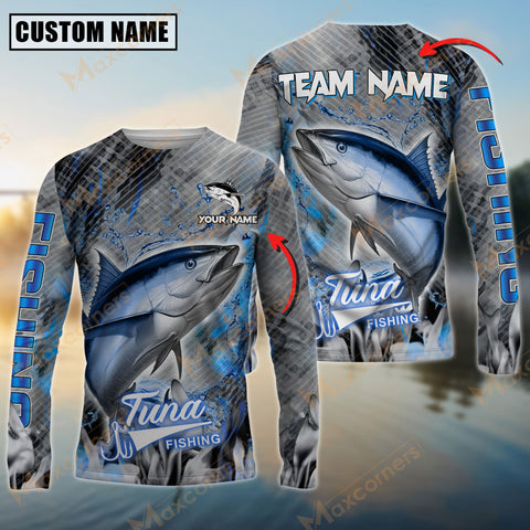 Maxcorner Tuna Fishing Blue Smoke Pattern Personalized 3D Long Sleeve Shirt