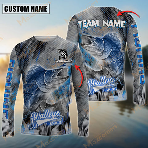 Maxcorner Walleye Fishing Blue Smoke Pattern Personalized 3D Long Sleeve Shirt