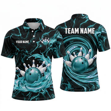 Maxcorners Bowling Polo Shirt Water Splash Swirl Marble Effect Ball Pins Personalized Custom Team Player Name Apparel (4 Color)