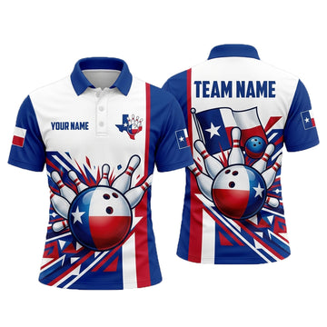 Maxcorners Bowling Polo Shirt Texas State Flag Lone Star Map Symbol Geometric Angle Lines Ball Pins Multi Options Personalized Name, Team Name Unisex 3D Shirt