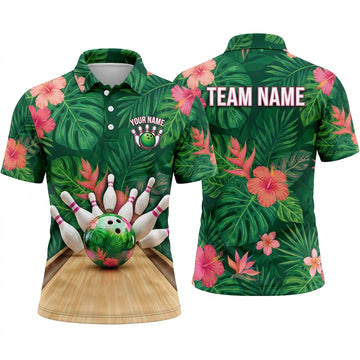 Maxcorners Bowling Polo Shirt Tropical Hawaiian Floral Hibiscus Leaves Jungle Botanical Alley Ball Pins Multi Options Personalized Name, Team Name Unisex 3D Shirt