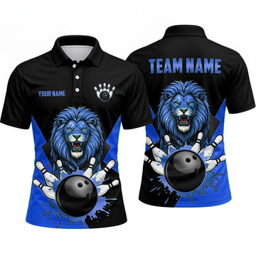 Maxcorners Bowling Polo Shirt Roaring Lion Mascot Splash Graphic Ball Pins Personalized Custom Team Player Name Apparel (4 Color)
