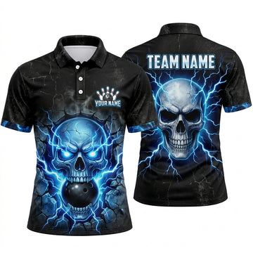 Maxcorners Bowling Polo Shirt Electric Lightning Skull Crack Texture Glowing Eyes Ball Pins Personalized Custom Team Player Name Apparel (4 Color)