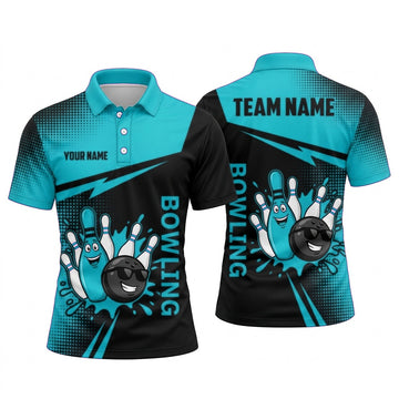 Maxcorners Bowling Polo Shirt Cartoon Smiling Character Sunglasses Halftone Pattern Ball Pins Personalized Custom Team Player Name Apparel (4 Color)