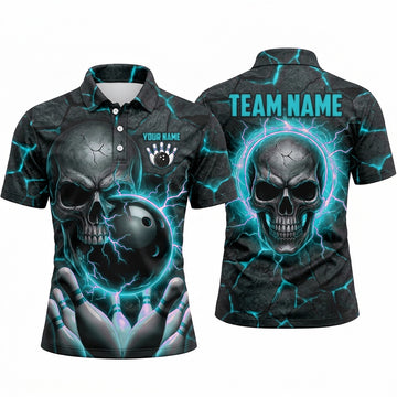 Maxcorners Bowling Polo Shirt Skull Lightning Electric Crack Texture Ball Pins Personalized Custom Team Player Name Apparel (4 Color)