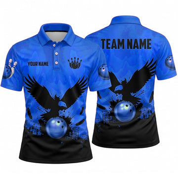 Maxcorners Bowling Polo Shirt Eagle Silhouette Splash Grunge Texture Feathers Ball Pins Multi Options Personalized Name, Team Name Unisex 3D Shirt (3 Colors)