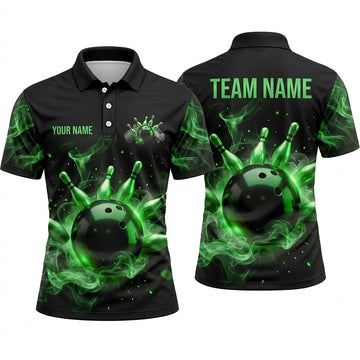 Maxcorners Bowling Polo Shirt Mystic Smoke Fog Magic Aura Glowing Sparks Ball Pins Multi Options Personalized Name, Team Name Unisex 3D Shirt (4 Colors)