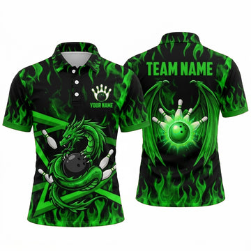 Maxcorners Bowling Polo Shirt Dragon Flames Winged Ball Pins Personalized Custom Team Player Name Apparel (4 Color)