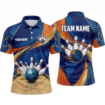 Maxcorners Bowling Polo Shirt Abstract Dynamic Swirl Waves Motion Lane Alley Ball Pins Multi Options Personalized Name, Team Name Unisex 3D Shirt (4 Colors)