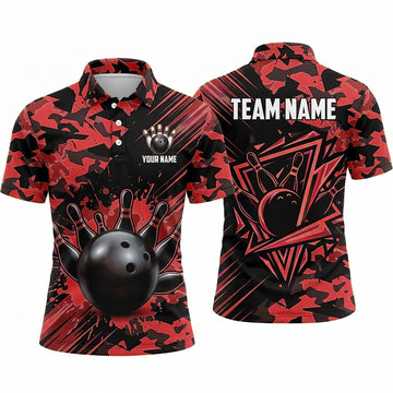Maxcorners Bowling Polo Shirt Camouflage Pattern Geometric Lines Paint Splatter Crest Ball Pins Multi Options Personalized Name, Team Name Unisex 3D Shirt (3 Colors)